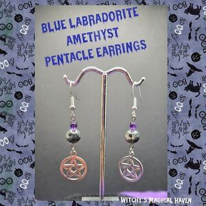 Blue Labradorite Amethyst Beaded Crystal Pentacle Charm Halloween Earrings
